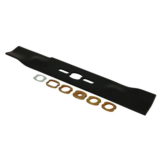 Fűnyíró kés  380 mm, univerzális egyenes, betétgyűrűvel utángyártott MOG918/R